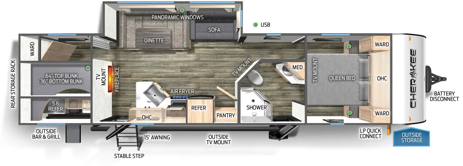 The 294GEBG has one slide out and one entry. Exterior features a rear storage rack, outside bar and grill with refrigerator and sink, rear stable step entry, 15 foot awning, outside TV mount, LP quick connect, outside storage, and battery disconnect. Interior layout front to back: foot-facing queen bed with overhead cabinet, wardrobes on each side, and TV mount; door side aisle pass through full bathroom with medicine cabinet and entry door; TV mount along inner wall; off-door side slide out with sofa, u-dinette, and panoramic window; door side pantry, refrigerator, air fryer, overhead cabinet, peninsula kitchen countertop with sink, and entry door; TV mount with fireplace below along inner wall; rear bunkhouse with bunk beds and wardrobe.